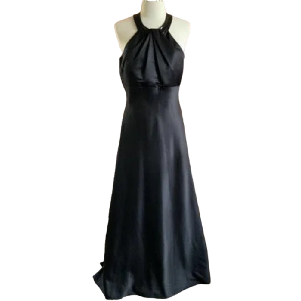 CALVIN KLEIN Formal Satin Gown Dress with Sequin Halter Neck in Black SZ 8